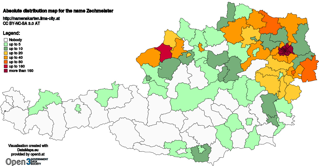 Absolute Distribution maps for surname Zechmeister