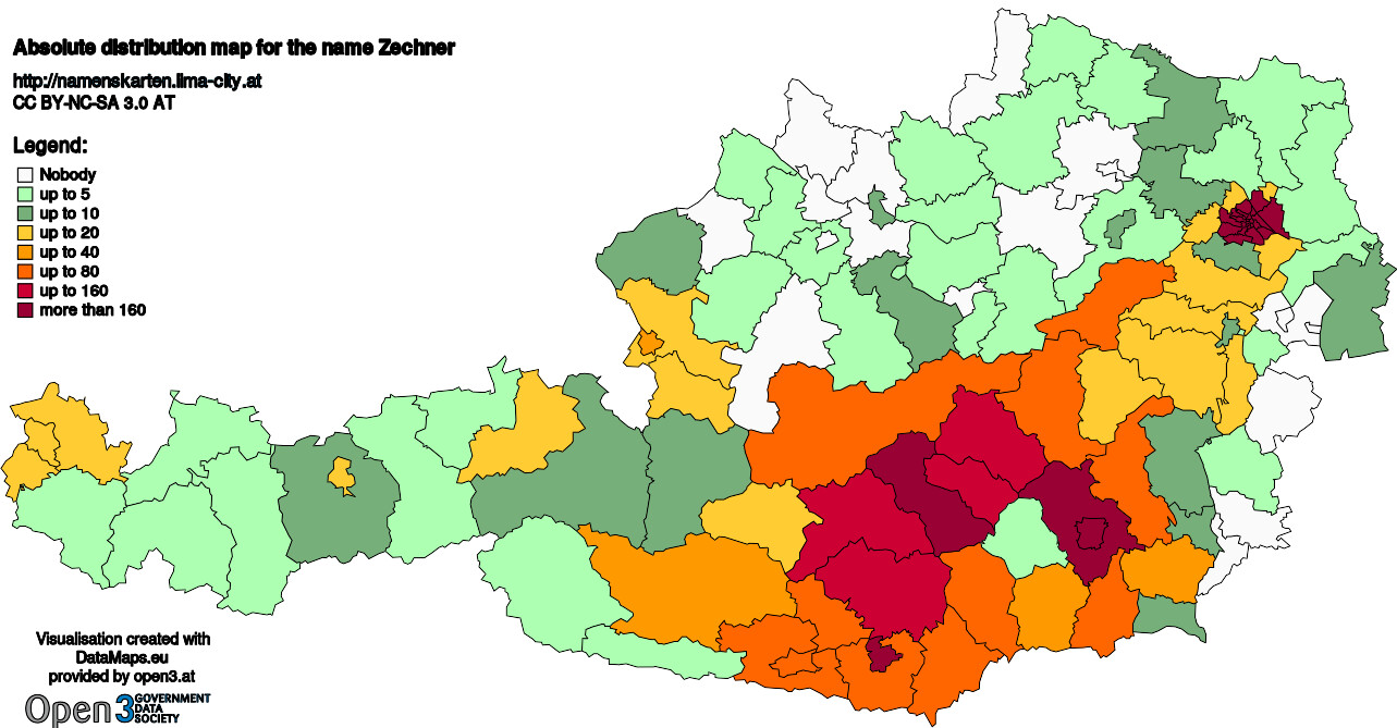 Absolute Distribution maps for surname Zechner