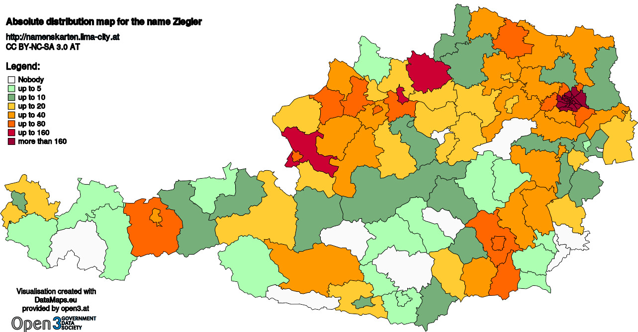 Absolute Distribution maps for surname Ziegler