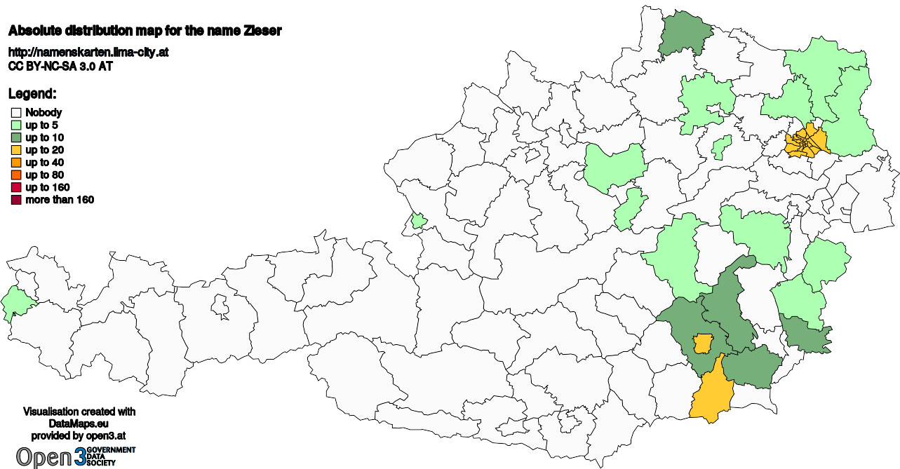 Absolute Distribution maps for surname Zieser