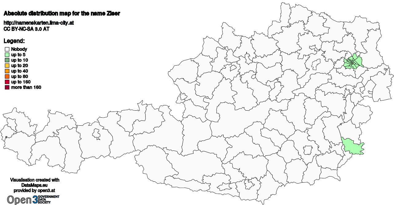 Absolute Distribution maps for surname Ziser