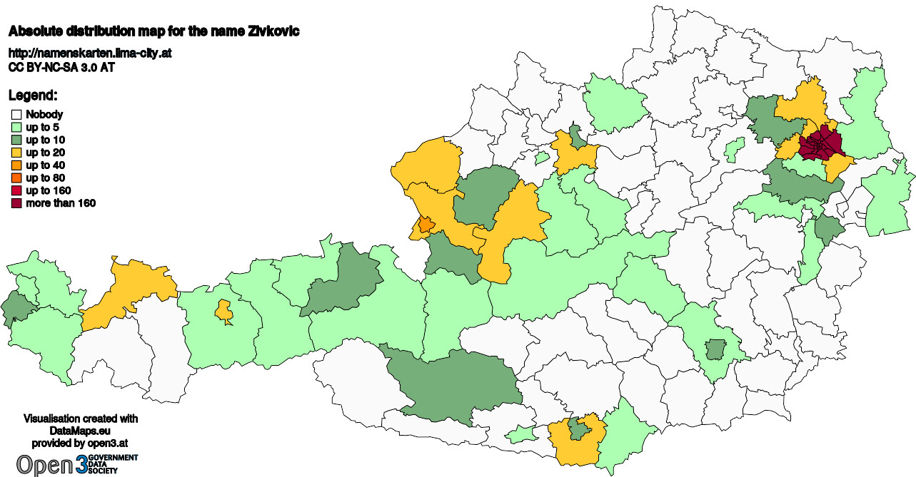 Absolute Distribution maps for surname Zivkovic