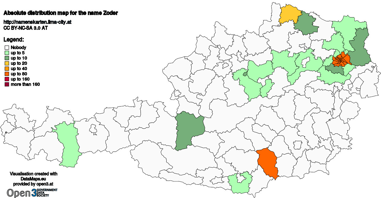 Absolute Distribution maps for surname Zoder