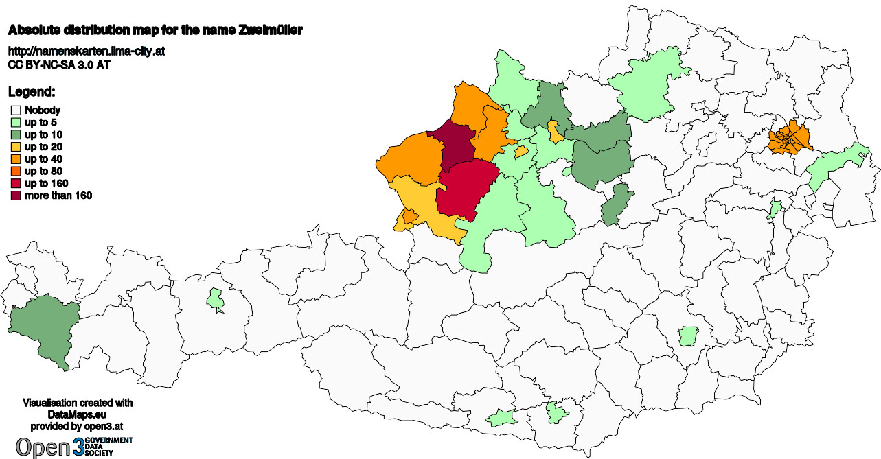 Absolute Distribution maps for surname Zweimüller