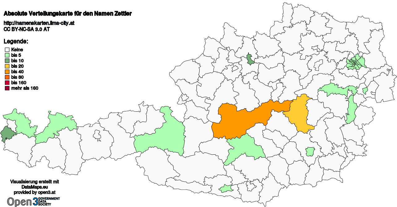 Absolute Verteilungskarten Nachnamen Zettler