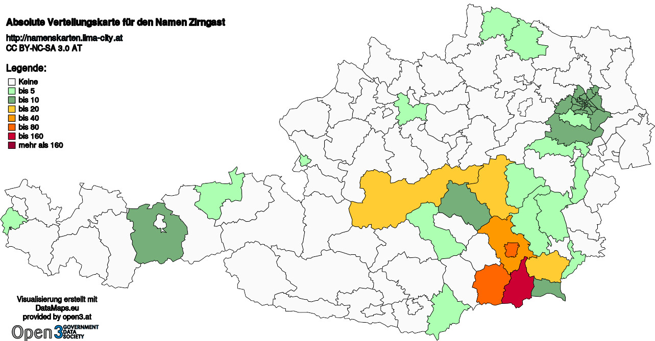 Absolute Verteilungskarten Nachnamen Zirngast