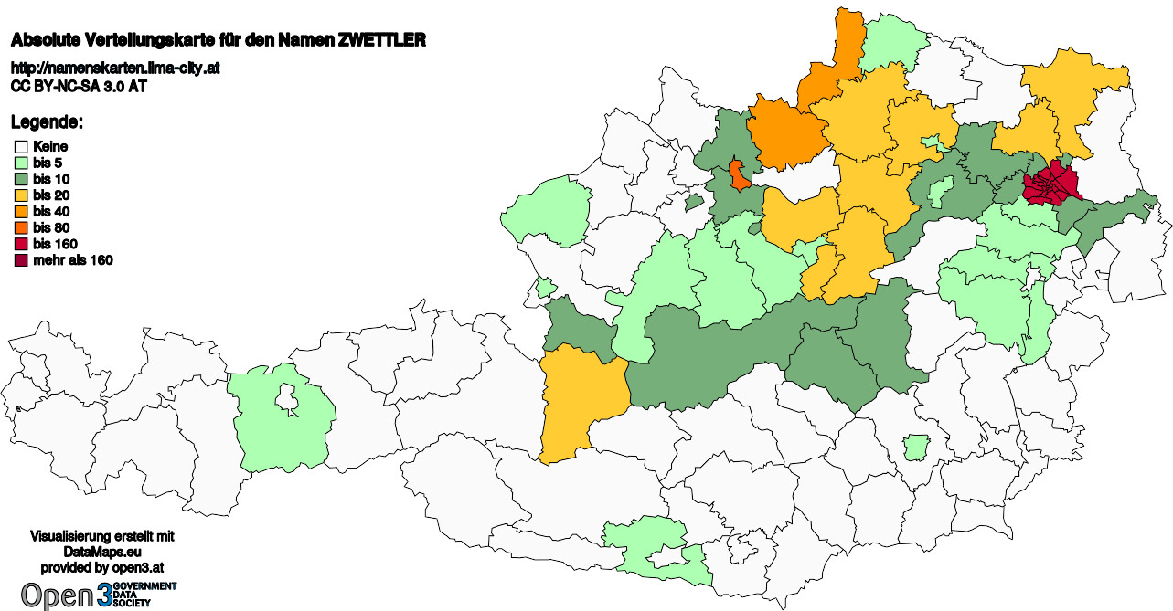 Absolute Verteilungskarten Nachnamen Zwettler